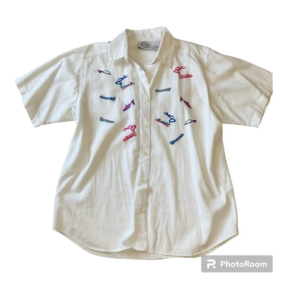 Vintage Shoe Embroidered White Button Down Shirt Short Sleeves Size M - Picture 8 of 16